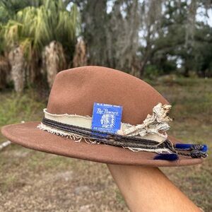 Custom Brown Olive & Pique Fedora Hat with Blue Accents